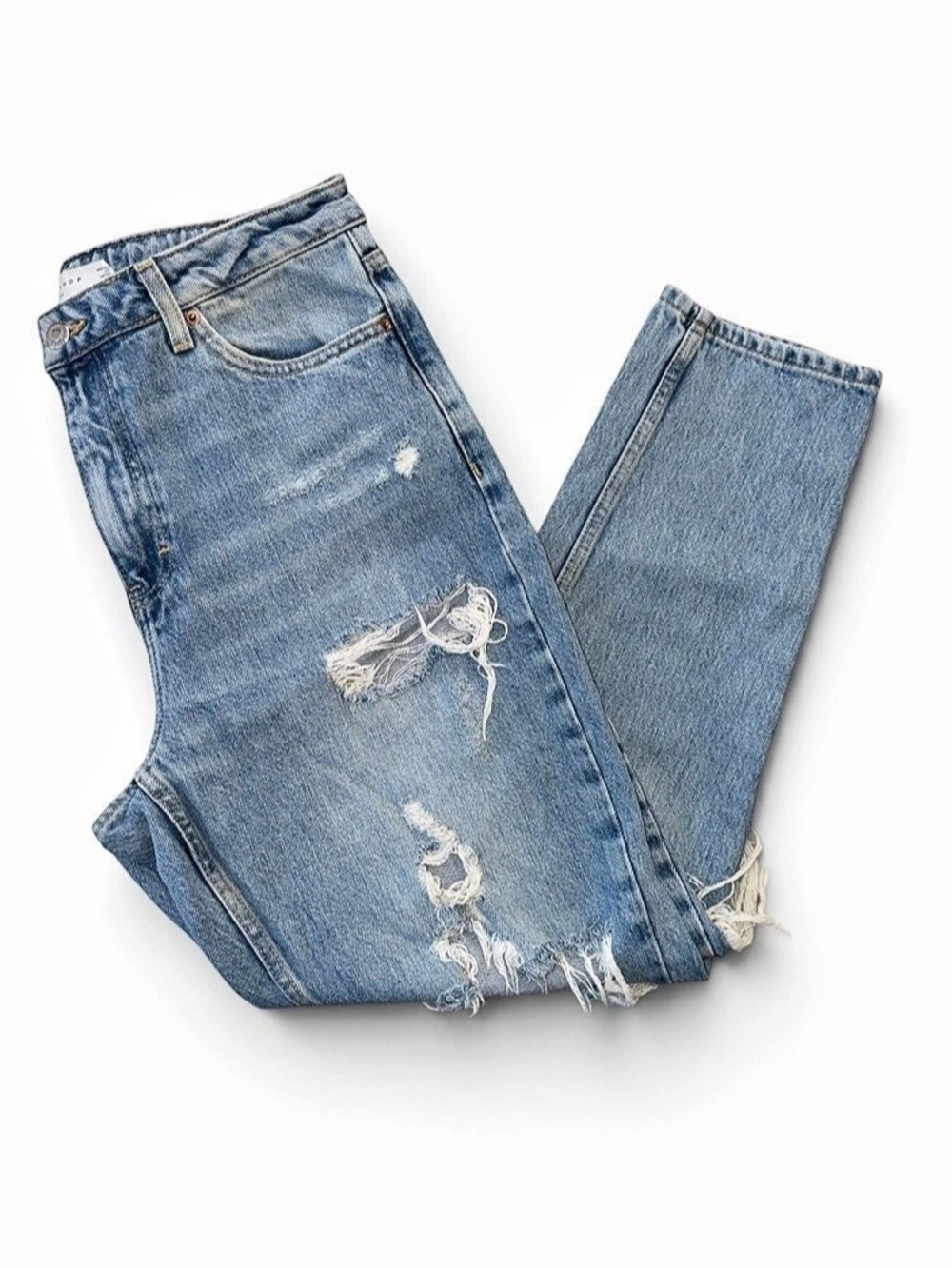 Topshop Mom Jeans W30 L30 Light Wash Distressed High Rise Tapered - Picture 9 of 11